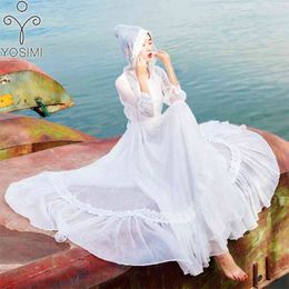 YOSIMI Summer Maxi Chiffon Long Women Dress Elegant White Fairy Evening Party Lace Hooded Red Vestidos Ankle-Length 210604