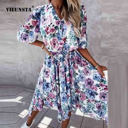 Elegant Half Sleeve Button V Neck Midi Dress Summer Chiffon Tie-Up Slim Irregular Dress Women Floral Digital Print Party Dresses X0521