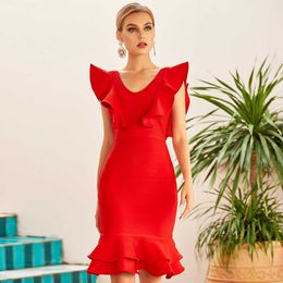 Women Sexy Designer Tank Ruffles Red Xmas Christmas Bandage Dress Ladies Elegant Celebrity Bodycon Party Vestido 210527