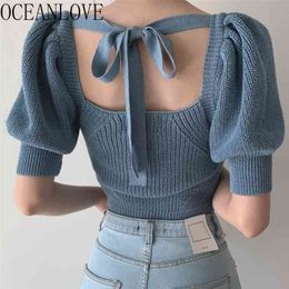 OCEANLOVE Back Bandage Sexy Tops Solid Knitted Bow Puff Sleeve Korean Style Topa Mujer Summer T Shirt Women T-shirt 17026 210324