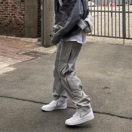 Hip Hop Patchwork Trousers Side Zipper Grey Black Casual Overalls Mens Vibe Style Oversized Loose Cargo Pants