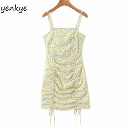 Sleeveless Sling Sexy Women Drawstring Bodycon Mini Modern Lady Yellow Floral Print Chiffon Dress Summer vestido 210514