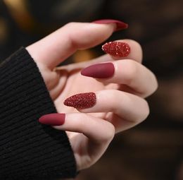 wine red amazing color False Nails trips 24pcs Summer pointed sharp Shiny Sequins glitter Nail Tips Fake Transparent Full Cover Wear Finger Art