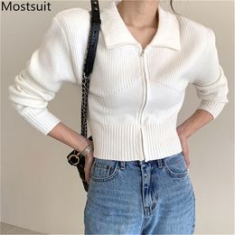 Korean Zip-up Knitted Short Cardigans Sweaters Winter Long Sleeve Turn-down Collar Casual Fashion Ladies Tops Jumpers Femme 210513