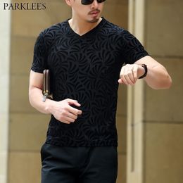 Black Velvet Velour Transparent Tshirt Men Sexy Short Sleeve See Through T-shirts Mens Slim Fit V neck Tee Shirt Homme 210522