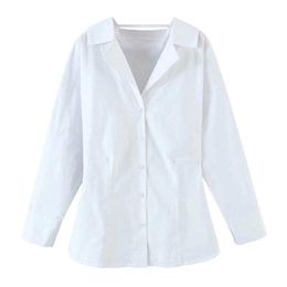 Elegant Women White Poplin Shirts Fashion Ladies V-Neck Tops Streetwear Female Chic Cotton Waist-Controlled Blouses 210527
