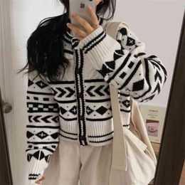 Korean Style Chic Simple All-match Pull Cardigan Women Crop Top Autumn Winter Long Sleeve Sweater Knitwear Sueter Mujer 210514