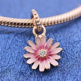 Rose Gold Metal Plated Pink Daisy Flower Dangle Charm Bead For European Pandora Jewelry Charm Bracelets