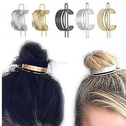 Women Metal Pony Tails Holder Stick Gold Feather Hairpin Horsetail Hair Updo Curly Fixed Headdress Fashion Jewelry