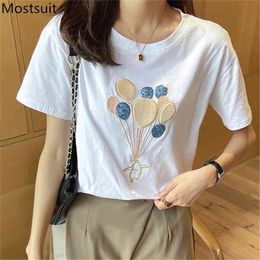 Sequins Ballons Embroidered Women T Shirt Summer Short Sleeve O-neck Cotton Korean Loose Female Tees T-shirt Femme 210513