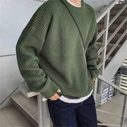 Korean Fashion Sweaters Men Autumn Solid O Neck Knitwear Streetwear Male Clothes Harajuku Loose Knitted Pullovers Pull Homme 211221