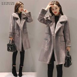 LUZUZI Pink Women's Winter Sheepskin Coat Fur Suede Long Female Faux Thick Warm Jacket High Quality 211220