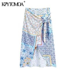 KPYTOMOA Women Chic Fashion Patchwork Print Asymmetry Wrap Midi Skirt Vintage High Waist With Bow Tied Female Skirts Mujer 210629