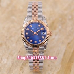 Fashion Women Sapphire Stainless Steel Date Watch Lady Automatic Mechanical Geometric Diamond Rose Gold Blue dial 31mm