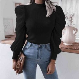 Autumn Vintage womens knit sweaters jumper puff Sleeve Casual Knitted Top for woman pullovers elagant sweater 210508