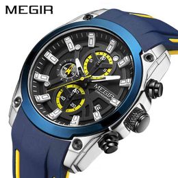MEGIR Blue Sport Watches for Men Top Brand Luxury Chronograph Man Watch Military Quartz Clocks Luminous Relogio Masculino 210329