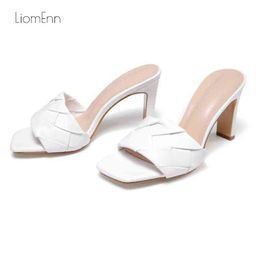 Slippers Women s Sexy High Heels New Fashion Weave Dress Party Shoes Ladies White Black 8 5 Cm Slides 220308