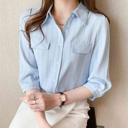 Spring Summer Blouses Minimalist Loose stripe Shirts for Women Turn-down Collar Solid Female Tops 210507