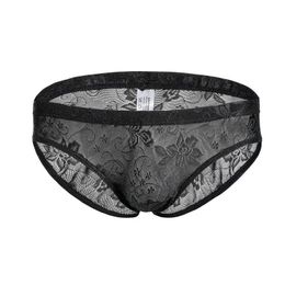 Underpants Sexy Fashion Men Mesh Lace Floral Briefs Male See Through Transparent Ultra Thin Underwear Gay Penis Pouch