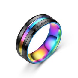 Black Blue Rainbow Groove Ring Band Finger Stainless Steel Contrast Color Rings for Women Men Fashion Jewelry