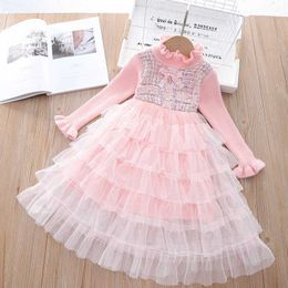 Chic Autumn Girls Princess Kids Children Baby Dress Sweet Long Sleeve Knitwear Patchwork Birthday Party Dresses Vestido S12863 Q0716