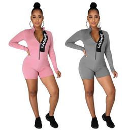 fashion spring women sexy movement style jumpsuits long sleeve lapel zipper letters tight jumpsuits short pants 211116