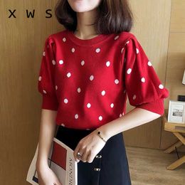 summer oversize sweater short sleev o neck dot print kint women sweater and pullover casual thin sweater jumper female 210604