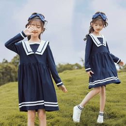 New 2021 Autumn Preppy Style Dresses For Baby Big Girls Cotton Long Sleeve Sailo Collar Dress Kids Children Knee Length Clothes Q0716