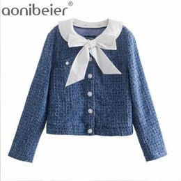 Fashion Two Piece Set Tweed Jacket With Bow Suits Buttons High Eaist Skirt Office Ladies Blue Outfits 210604