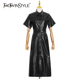 TWOTWINSTYLE Black PU Leather Dress For Female Lapel Short Sleeve High Waist Midi Dresses Female Fashion Clothes Summer 210517