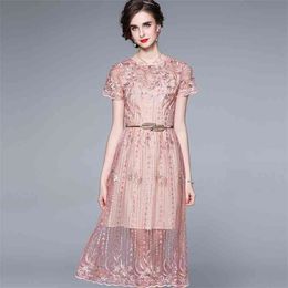 Pink Sweet Lace Dress Summer Women Chic Belt Elegant O-Neck Short Sleeve Casual Boho Midi Dresses Vestidos 210519