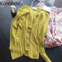 Korobov New Chic Long Sleeve V Neck Women Cardigans Vintage Hollow Out Single Breasted Sweater Summer Thin Sueter Mujer 210430