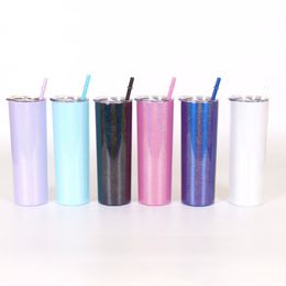 Rainbow Sublimation Mugs Glitter Stainless Steel Skinny Tumblers 20oz Taper Insulated Vacuum Travel Drinking Cup With Straw