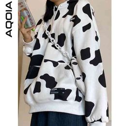 Autumn Streetwear Dairy Cow Print Loose Women's Hoodies Sweatshirt Pockets Oversize Thin Sweatshirts Women Female Pullovers 210521