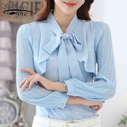 Fashion Women Blouses Solid Chiffon Shirt Bow Collar Office Tops Female Long Sleeve Shirts 2397 50 210508