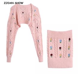 Sexy Total Knit Retro Embroidery Flower Shawl Sweater Pink Cropped Women Cardigan Strapless Tank top 2 piece 1 Set 210429