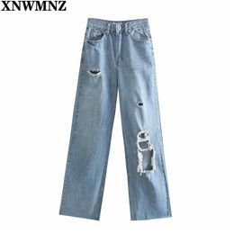 Wome Fashion wide-leg Ripped Jeans Female Chic high-waisted pockts button zip fly full-length pants Lady trousers 210520