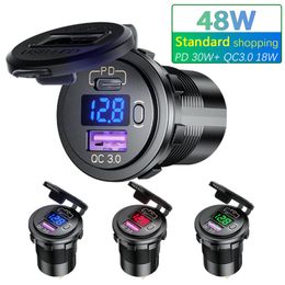 12V/24V 48W Motorcycle USB Charger PD+QC 3.0 LED Voltmeter With Switch USB Car Charger Universal Truck SUV RV ATV Boat Socket