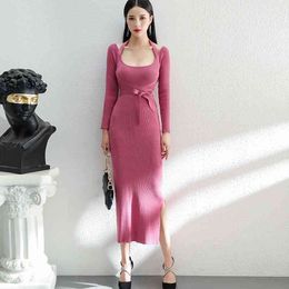 Sexy Square Collar Women Slim Knitted Spring Autumn Elegant Long Sleeve Lace Up Sheath Solid Sweater Dress 210514