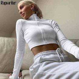 Rapwriter Casual Turtleneck Middle Zipper Knitted Ribbed Elastic White T-Shirt Girl Harajuku Autumn Long Sleeve Stretch Crop Top 210324