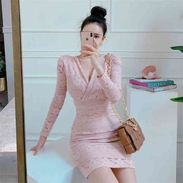 fall winter Pink Mini Dresses Ladies Korea Long Sleeve knitted Sexy Party for women Fashion Bodycon clothing 210602