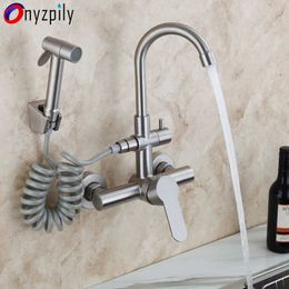 Onyzpily Brushed Nickel 304 stainless steel Kitchen Sink Faucet Mixer Tap Stream Sprayer Head Wall Installation 210724