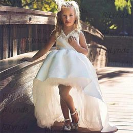 Girl's Dresses High Low Ivory Flower Girls Crystal Diamond Lace Communion Pageant Gown Kids Clothes For Birthday