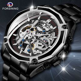 Forsining 2020 Fashion Retro Men's Automatic Mechanical Watch Top Brand Luxury Full Black Design Luminous Hands Skeleton Clock Q0902
