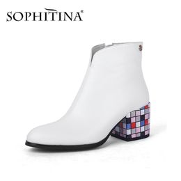 SOPHITINA Women's Ankle Boots Fashion Slip on Color Lattice Square Chunky Heels Leather Shoes with Side Zipper Ladies Boot PC656 210513