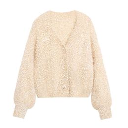 Women Single Breasted Button Knitted Loose Sweater Cardigans Solid V Neck Beige Brown Black Pink Green M0268 210514