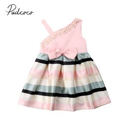 2019 Brand New Princess Infant Kid Baby Girl Formal Dress One Shoulder Bowknot Pearl Floral Striped Colour Pink A-Line Dress 3-9Y Q0716