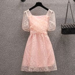 Fashion Summer Women's Sweet Square Collar Flowers Pink Chiffon Dress Slim Puff Sleeve Girls Lace Up Mini Dresses Plus Size 210518