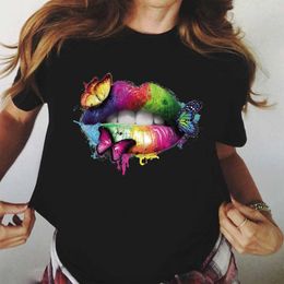 ZOGANKIN Cool Streetwear Female Black T-shirt Rainbow Lip and Butterfly Print Harajuku Women Summer Cotton T Shirt Femme Tops X0527