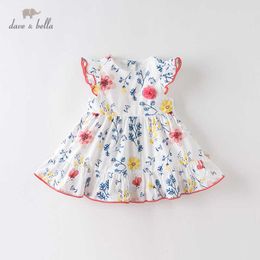 DBA12555 dave bella summer baby girl's cute floral print appliques dress children fashion party dress kids infant lolita clothes Q0716